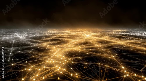 Glowing Digital Network Landscape with Golden and White Nodes