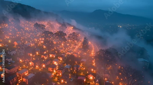 Foggy Cemetery at Twilight Illuminated by Thousands of Candle Lanterns