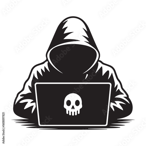 Hacker in Hoodie with Skull Laptop Illustration