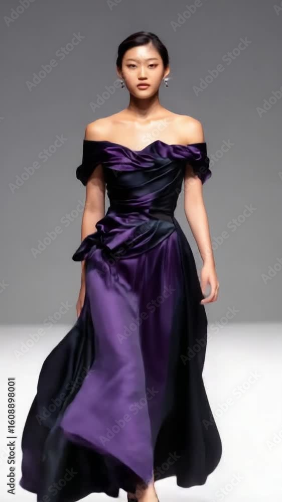 Ethereal Elegance: Captivating shot of a fashion model gracefully showcasing a stunning, off-shoulder gown in a high-fashion setting, reflecting the essence of grace and poise. Ethereal Elegance: Captivating shot of a fashion model gracefully showcasing a stunning, off-shoulder gown in a high-fashion setting, reflecting the essence of grace and poise.