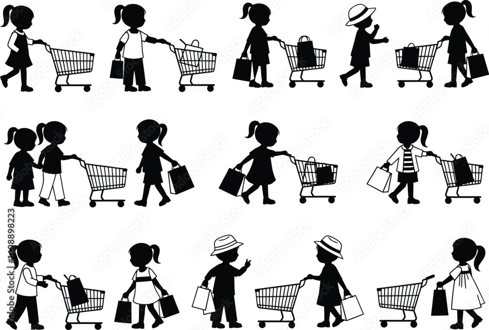 Naklejka premium Collection of diverse children silhouettes engaged in shopping activities with carts and bags on a white background