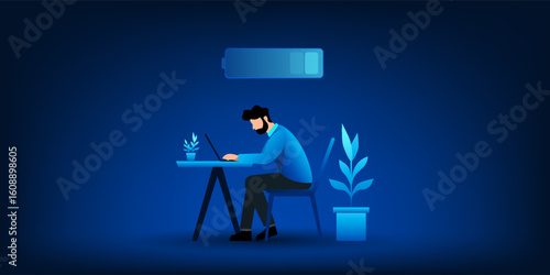 Reflects the burnout situation of today's working people by using the symbol of a nearly exhausted battery floating above the head, indicating the depleting life force from stress and lack of rest.