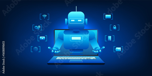 Robot emerging from the laptop represents the arrival of artificial intelligence as an intelligent assistant, but it is an agentic AI  that can analyze, decide, and perform tasks automatically.