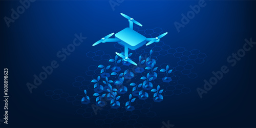 Smart farm technology concept with a drone flying over crops and spraying water automatically. Advanced agricultural automation using AI and IoT to improve farming efficiency and sustainability