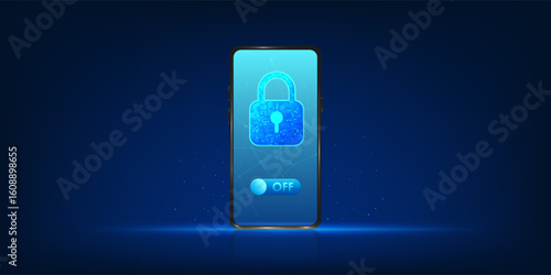 Smartphone screen with digital lock symbol and power off button, representing screen time control, digital detox, and mental health. Concept of unplugging, self-care, and mindful use of technology.