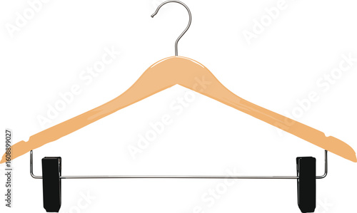 Wooden clothes hanger with metal clips and hook, garment display accessory for closet or retail use on white background mockup