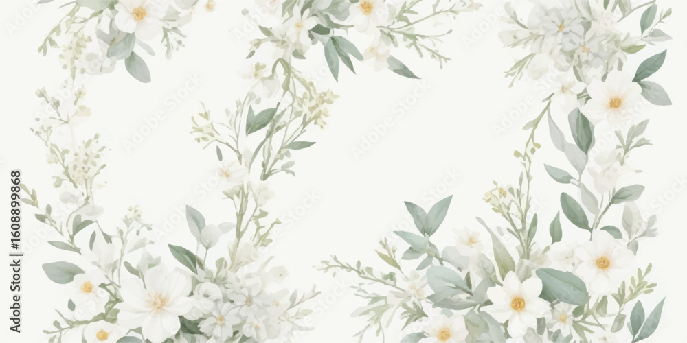 Fototapeta premium Elegant Handpainted Watercolor Floral Clipart Set Featuring Ivory White Flowers, Dusty Green Leaves, Butter Yellow Blooms, and Dusty Blue Accents on Transparent Background 