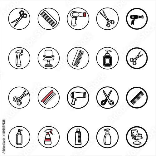 Collection of hand drawn icons representing hair salon and barber shop tools and services