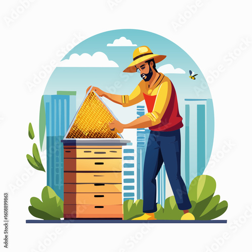 Beekeeper Inspecting Hive Amidst Urban Landscape