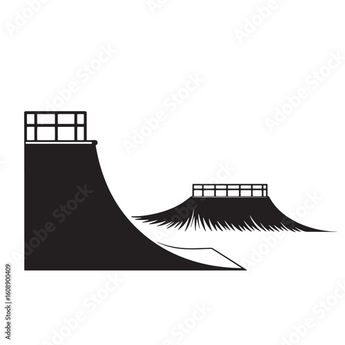 Black and white minimalist illustration of skate ramps featuring a vintage art style