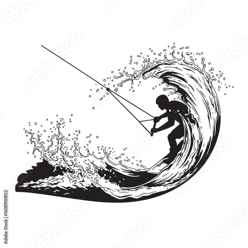 Black and white vintage art illustration of a wakeboarder riding a powerful wave