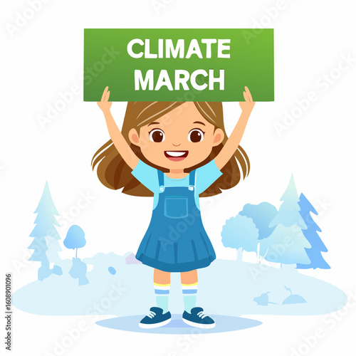 Young environmental activist holding a 'Climate March' sign, advocating for a sustainable future and planetary well-being with cheerful determination