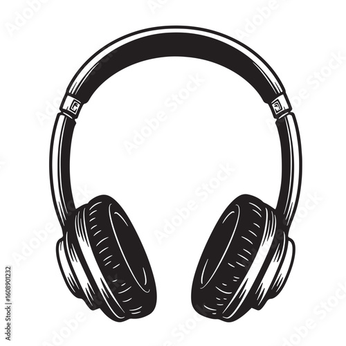 Classic black and white vintage art of headphones design for music and audio listening
