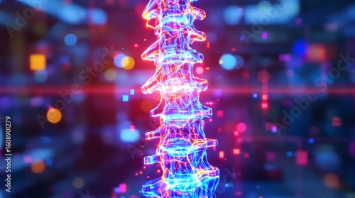 Dynamic digital spine structure glows with vibrant neon energy against a futuristic blurred background
