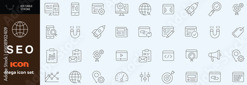 Seo icon set. Search Engine Optimization line icon set. Editable stroke. Vector illustration