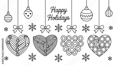 Monochrome Line Drawing Four Pasta Shaped Hearts Hanging Ornaments Happy Holidays Festive Design Winter Season Decoration