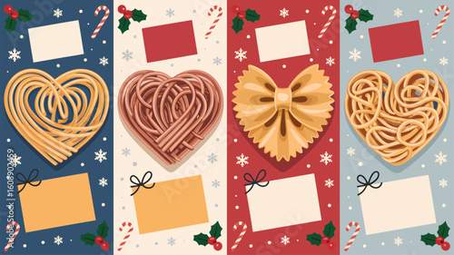 Four Heart Shaped Pasta Illustrations Featuring Spaghetti Farfalle and Festive Holiday Decorations Including Candy Canes Holly and Blank