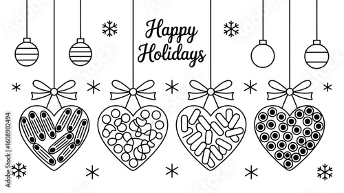 Four monochrome line drawing heart shaped ornaments filled with various pasta shapes hanging with ribbons and snowflakes Happy Holidays text