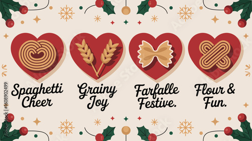 Four Red Hearts Featuring Festive Pasta Shapes and Wheat Sprays on a Beige Background with Holly Berries and Snowflakes Vector Art Illustration
