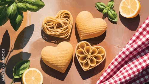 Four Heart Shaped Pasta Dishes with Spaghetti Basil and Lemon Slices on Brown Surface in Natural Daylight