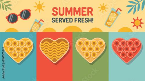 Four Heart Shaped Containers of Summery Foods Flat 2 D Illustration with Sunglasses Lemonade and Suns on a Sandy Beach Background Summer