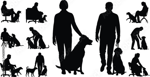 Silhouette, people, dog, walking, training, bonding, sitting, standing, interaction, companionship, outdoor, activity, pet, owner, obedience, relationship, playful, lifestyle, black, white