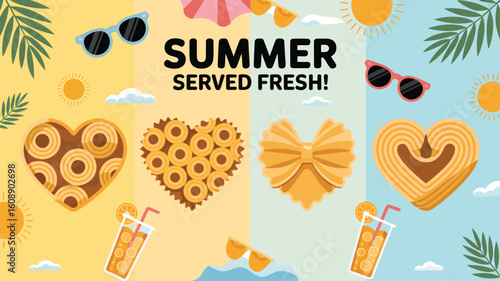 Flat 2 D illustration of summer themed food heartshaped pasta and orange juice drinks with sunglasses and palm leaves on yellow and blue