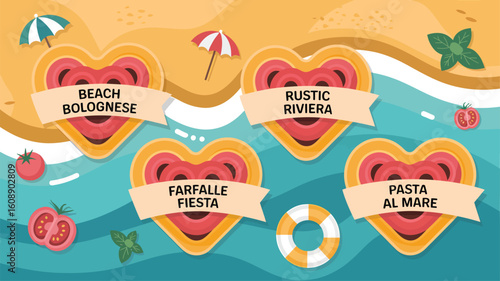 Four Heart Shaped Pasta Dishes on a Beach Scene Vector Illustration Featuring Beach Bolognese Rustic Riviera Farfalle Fiesta and Pasta Al Mare