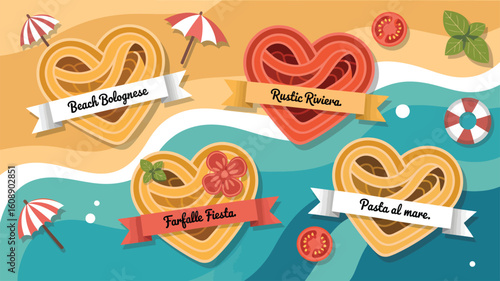 Four Heart Shaped Pasta Dishes Beach Bolognese Rustic Riviera Farfalle Fiesta Pasta al Mare Summer Food Vector Illustration