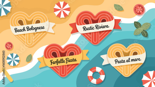 Four Heart Shaped Pasta Dishes Beach Bolognese Rustic Riviera Farfalle Fiesta Pasta al Mare Summer Vacation Food Illustration Vector Graphic Design