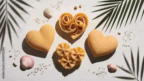 Sunlit Flatlay Featuring Heart Shaped Pasta Bowls and Farfalle Pasta with Seashells and Palm Leaf Shadows on White Wooden Surface