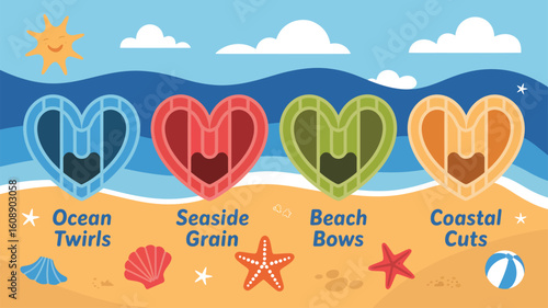 Four Brightly Colored Heart Shaped Beach Themed Designs on Sandy Beach Background with Ocean Waves Smiling Sun Starfish Seashells and Beach