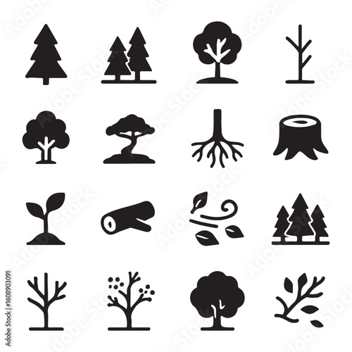 Collection of vector nature icons: tree silhouette illustrations