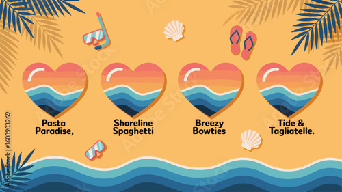 Four Heart Shaped Beach Scene Illustrations Featuring Ocean Waves Pastel Colors Palm Leaves Seashells and Summer Accessories Each Heart