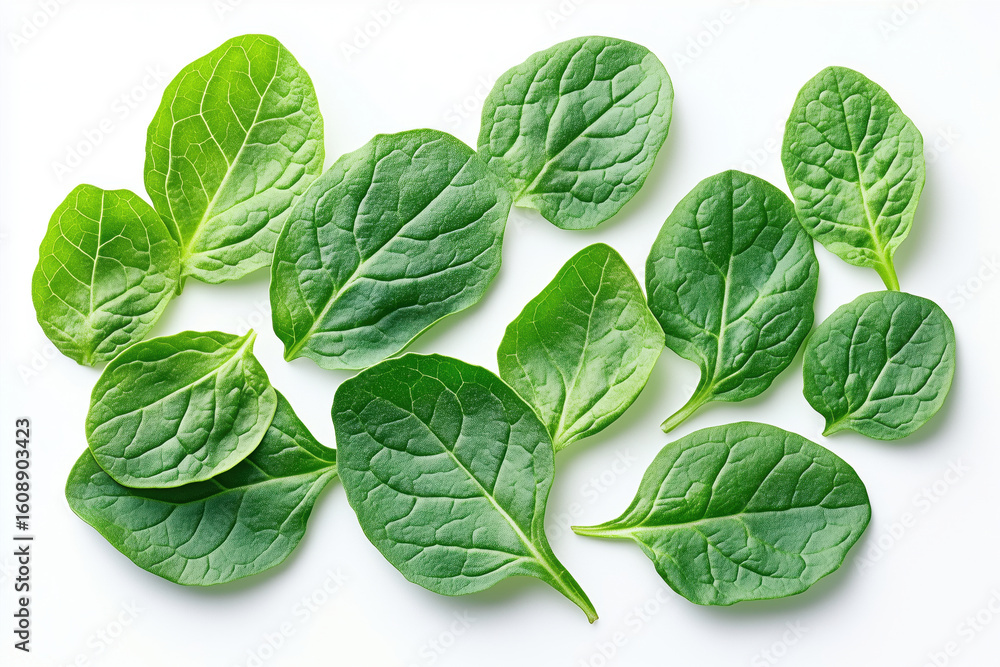 Fototapeta premium Top view of a stack of fresh spinach leaves spread out, detailed texture, vibrant green color, isolated on a white background.
