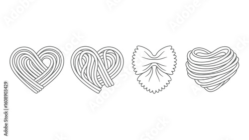 Four Black and White Line Drawings of Pasta Shaped as Hearts and a Bow Tie spaghetti