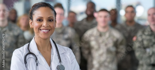 The confident doctor leading a dedicated team in a military healthcare environment.
