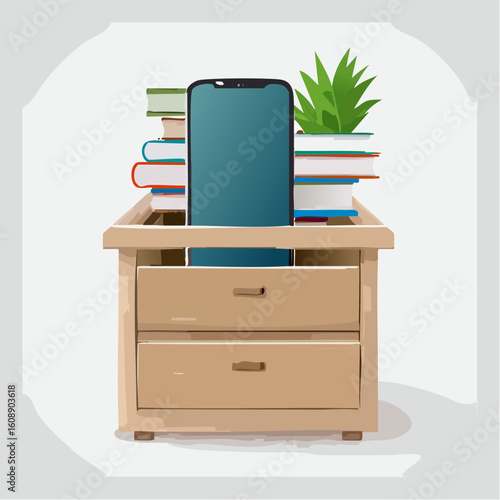 Desk organizer with smartphone, books, and potted plant for a productive workspace