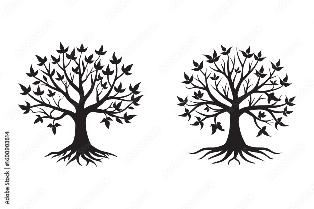 Fototapeta premium wide rooted oak tree silhouette set bundle on white backgound