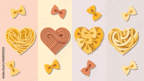 Flat Lay Illustration of Four Heart Shaped Pasta Arrangements with Farfalle Bows on Pastel Backgrounds