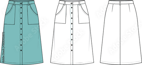 Button front A-line midi skirt flat sketch, pocket detail, fashion technical drawing, front and back view, vector illustration.

 flat vector illustration