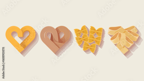 A stylized vector illustration featuring four types of pasta arranged in heart shapes and a pile a light beige background showcasing various