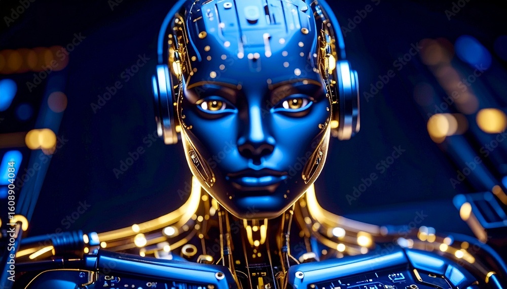 Fototapeta premium AI glowing gold meta human wireframe robotic head in the center, on a black background, digitalized, web3 technology, and cryptocurrencies 