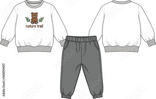  Kids fashion design template, toddler clothing mockup, bear print outfit, baby boy tracksuit set, sweatshirt and pants illustration

flat vector illustration