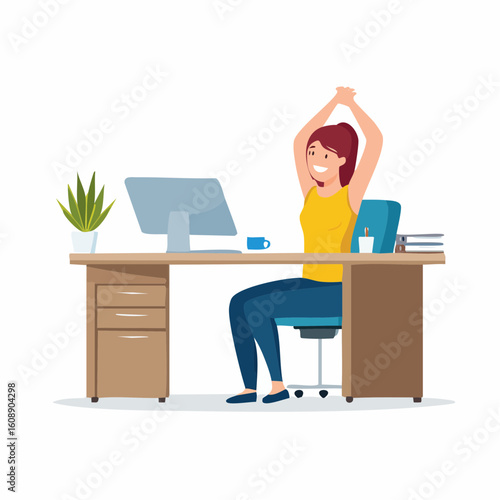 Smiling woman enjoys a refreshing stretch break at her office desk, promoting wellness and mindful movement during a busy workday for improved health and productivity