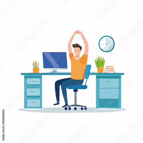 Office worker stretching at desk A cartoon illustration of a man taking a break from work and exercising