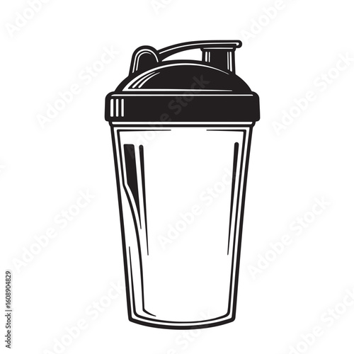 Vintage art illustration of a detailed black and white protein shake shaker bottle
