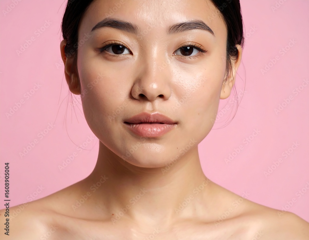 Portrait of an Asian woman with flawless skin on a pastel pink backdrop for skincare advertisement Portrait of an Asian woman with flawless skin on a pastel pink backdrop for skincare advertisement