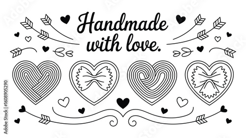 Black and White Line Drawing of Four Heartshaped Pasta Designs with Arrows and Hearts Handmade with Love Text