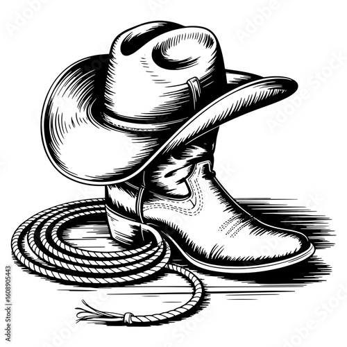 Vector Illustration Frame from rope lasso with cowboy boots and hat in engraving style. Design element for sign, poster, card, banner